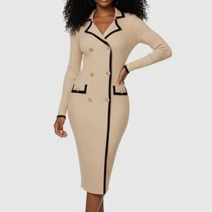 Chic Beige Ribbed Dress with Black Trim